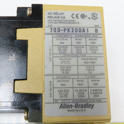 Allen Bradley 700-PK200A1 600V AC Relay Contactor 115/120V Coil Lot Of 2