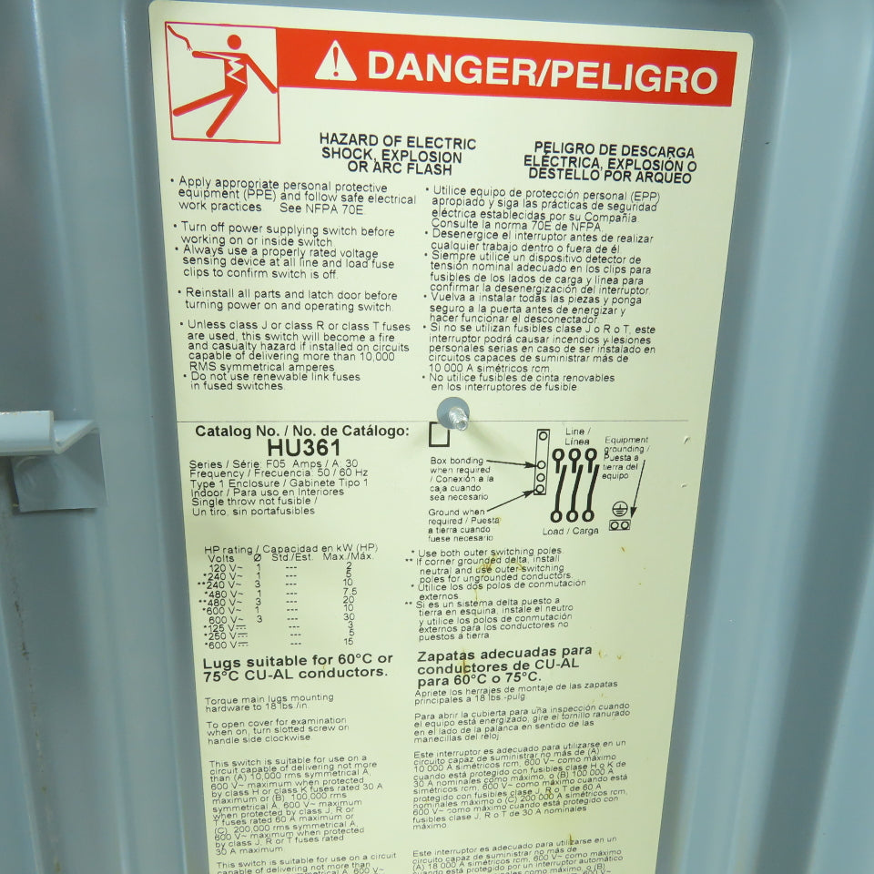 Square D HU361 30A Non-Fusible Heavy Duty Safety Disconnect Switch 600V AC/DC