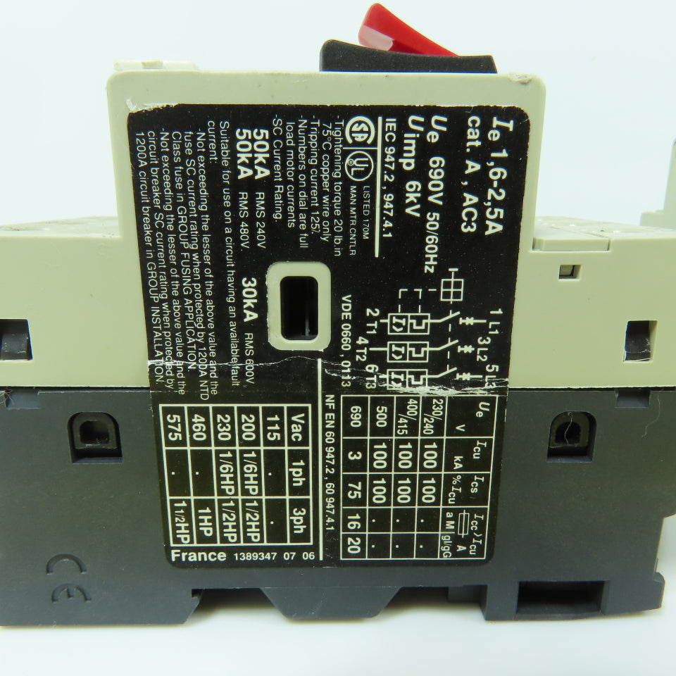 Telemecanique GV2-M07 Motor Protector Circuit Breaker 1.6-2.5A Trip 1.5HP Lot/7