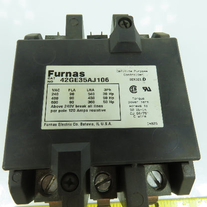 Furnas 42GE35AJ106 90A Definite Purpose Contactor 600V 30-50HP 24V Coil