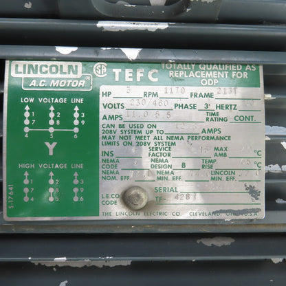 Lincoln 3HP AC Electric Motor 1170RPM 208-230/460V 3PH 213T Frame