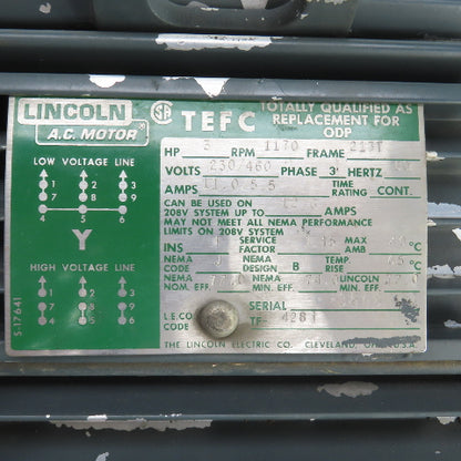 Lincoln 3HP AC Electric Motor 1170RPM 208-230/460V 3PH 213T Frame