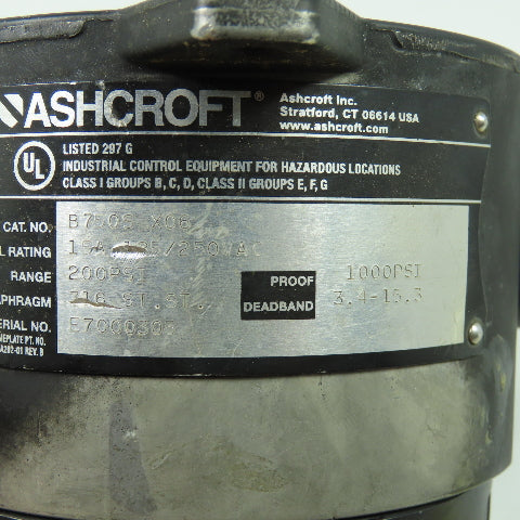 Ashcroft B 750S X06 Explosion Proof Pressure Switch 15A 125/250VAC Range 100PSI
