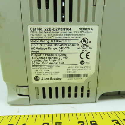 Allen Bradley 22B-D2P3N104 Ser A 1HP 0.75kW AC Drive 380-480V 3PH In 0-460V Out