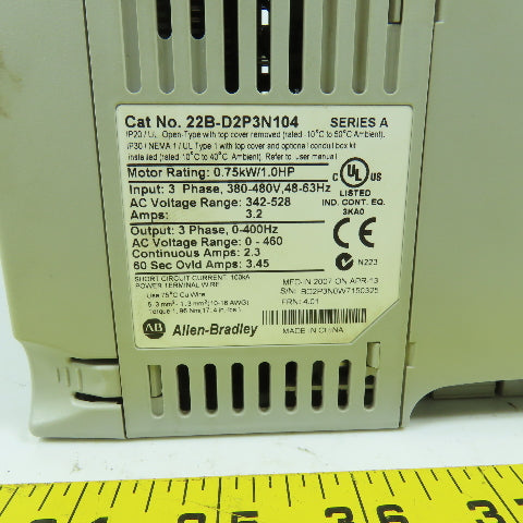 Allen Bradley 22B-D2P3N104 Ser A 1HP 0.75kW AC Drive 380-480V 3PH In 0-460V Out