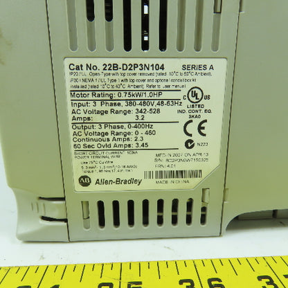 Allen Bradley 22B-D2P3N104 Ser A 1HP 0.75kW AC Drive 380-480V 3PH In 0-460V Out