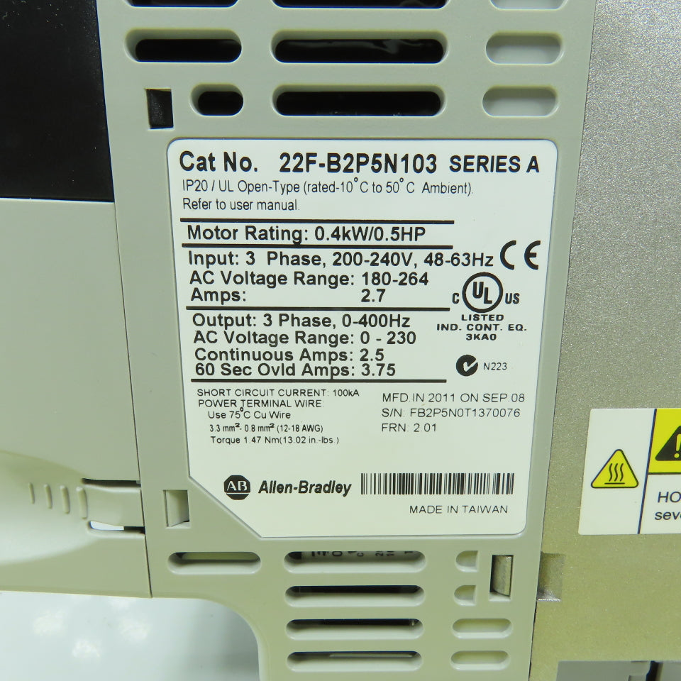 Allen Bradley 22F-B2P5N103 Ser A 0.5HP 0.4kW AC Drive 240V 3PH In 0-230V 3PH Out