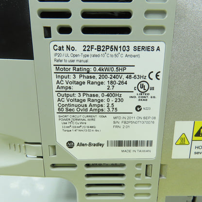 Allen Bradley 22F-B2P5N103 Ser A 0.5HP 0.4kW AC Drive 240V 3PH In 0-230V 3PH Out