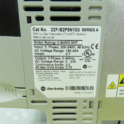 Allen Bradley 22F-B2P5N103 Ser A 0.5HP 0.4kW AC Drive 240V 3PH In 0-230V 3PH Out