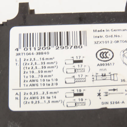 Siemens 3RT1044-3BB40 Contactor 600V 60Hp MAX 3Ph Auxiliary Contact 24VDC Coil