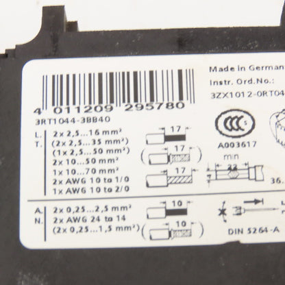 Siemens 3RT1044-3BB40 Contactor 600V 60Hp MAX 3Ph Auxiliary Contact 24VDC Coil