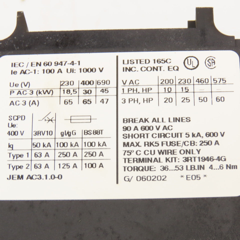 Siemens 3RT1044-3BB40 Contactor 600V 60Hp MAX 3Ph Auxiliary Contact 24VDC Coil