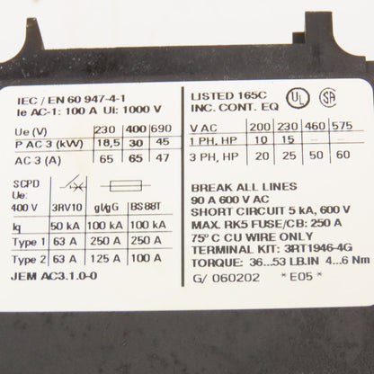 Siemens 3RT1044-3BB40 Contactor 600V 60Hp MAX 3Ph Auxiliary Contact 24VDC Coil