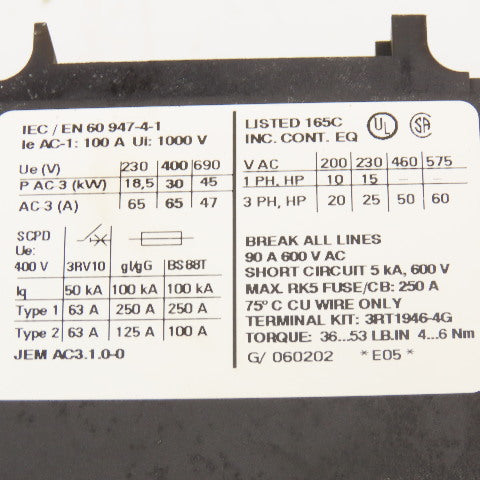 Siemens 3RT1044-3BB40 Contactor 600V 60Hp MAX 3Ph Auxiliary Contact 24VDC Coil