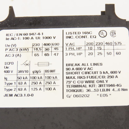 Siemens 3RT1044-3BB40 Contactor 600V 60Hp MAX 3Ph Auxiliary Contact 24VDC Coil