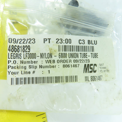 Legris 48681829 6mm x 6mm Push To Connect Union Tube Fitting Lot Of 6