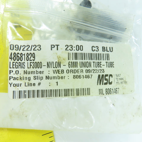 Legris 48681829 6mm x 6mm Push To Connect Union Tube Fitting Lot Of 6