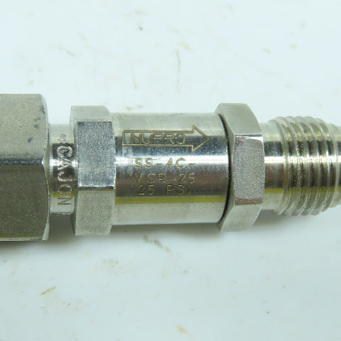 Nupro Swagelok SS-4C-VCR-25 Stainless Steel Poppet Check Valve 1/4" Tube 25PSIG