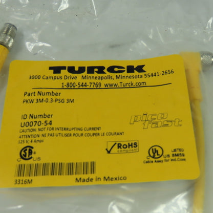 Turck 3M-0.3-PSG 3M U0070-54 Cordset Cable Female To Male 3 Wire