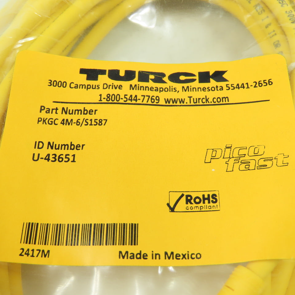Turck PKGC 4M-6/S1587 U-43651 Cordset Cable Female To Cut End 4 Wire