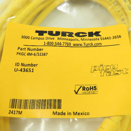 Turck PKGC 4M-6/S1587 U-43651 Cordset Cable Female To Cut End 4 Wire