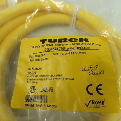 Turck RYM WKM 36-2M U5521 Cordset Cable Straight Male to Right Angle Female 3W