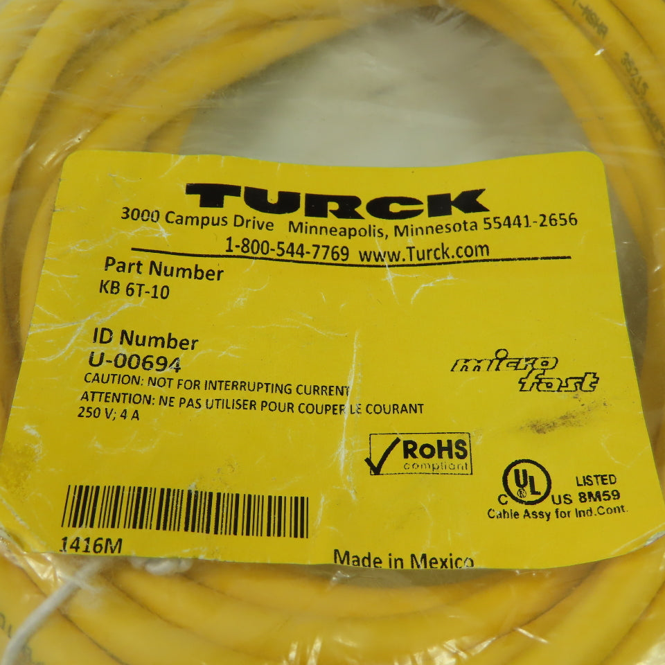 Turck KB 6T-10 U-00694 Cordset Cable Straight Female to Cut End 6W