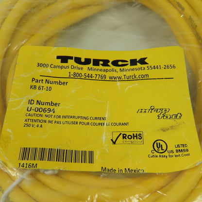 Turck KB 6T-10 U-00694 Cordset Cable Straight Female to Cut End 6W