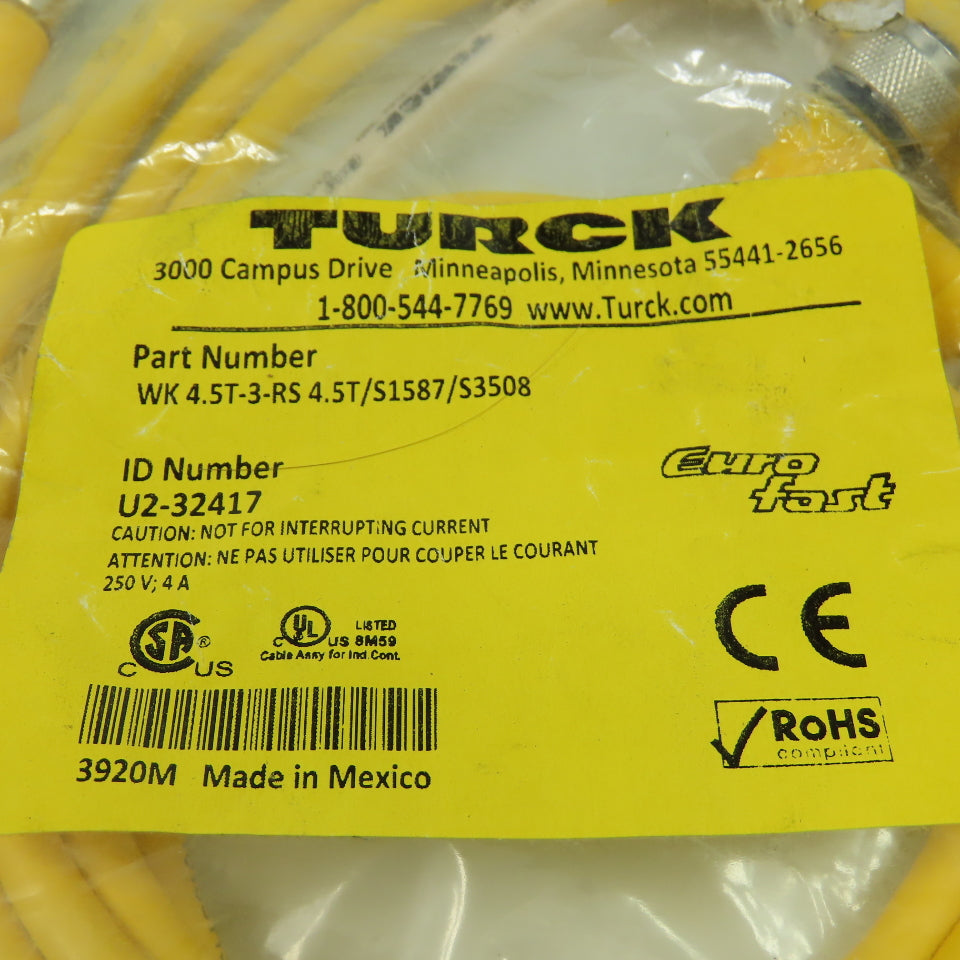 4.5T-3-RS 4.5T/S1587/S3508 Cordset Cable Straight Male to Right Angle Female