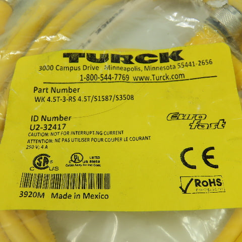 4.5T-3-RS 4.5T/S1587/S3508 Cordset Cable Straight Male to Right Angle Female