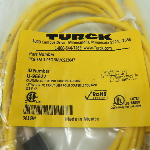 PKG 3M-3-PSG 3m/CS12047 Cordset Cable Straight Female To Straight Male 3 Wire 3M