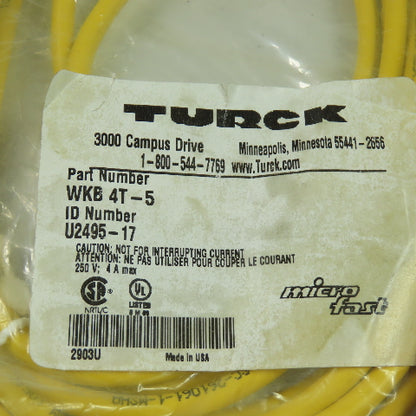 WKB 4T-5 U2495-17 Cordset Cable Right Angle Female To Cut End 4 Wire 5M