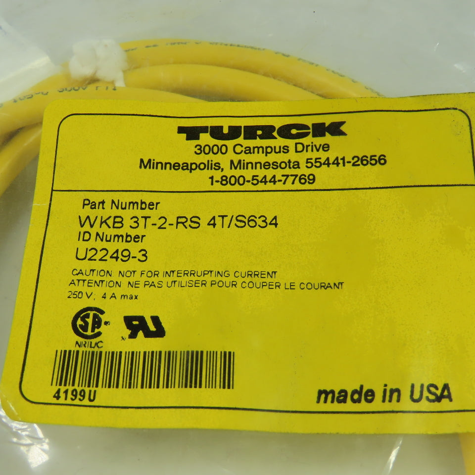3T-2-RS 4T/S634 U2249-3 Cordset Cable Right Angle Female To Straight Male 3Wire