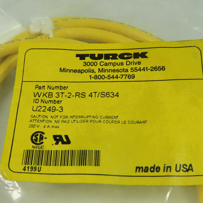 3T-2-RS 4T/S634 U2249-3 Cordset Cable Right Angle Female To Straight Male 3Wire