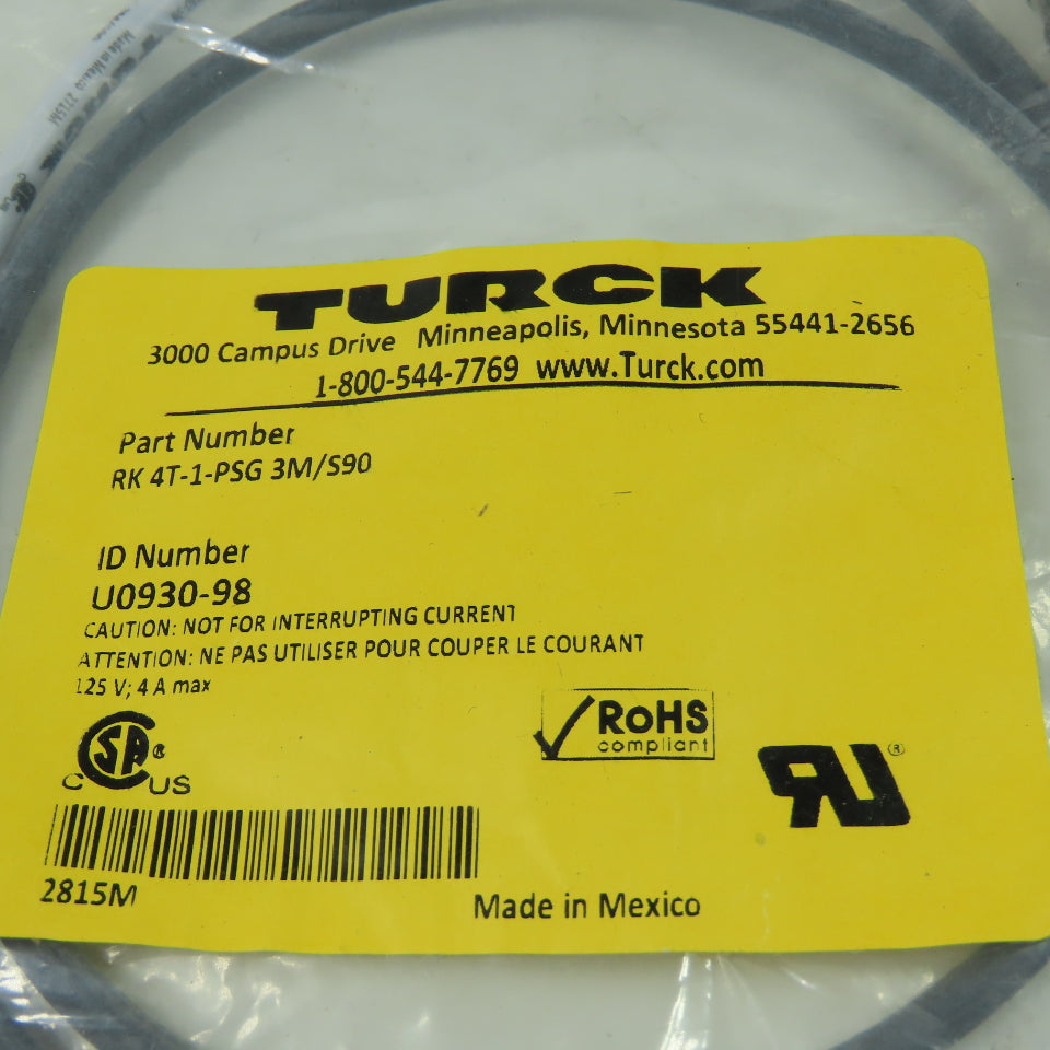 RK 4T-1-PSG 3M/S90 U0930-98 Cordset Cable Straight Female Plug to Straight Male