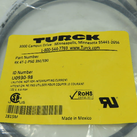RK 4T-1-PSG 3M/S90 U0930-98 Cordset Cable Straight Female Plug to Straight Male
