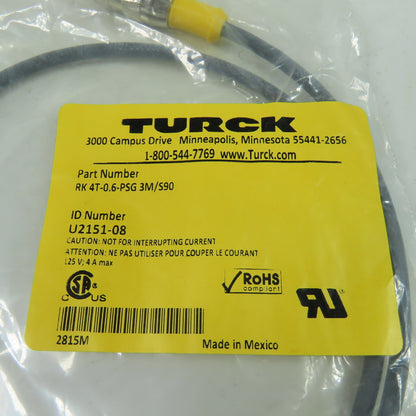 RK 4T-0.6-PSG 3M/S90 U2151-08 Cordset Cable Straight Female to Straight Male 3W