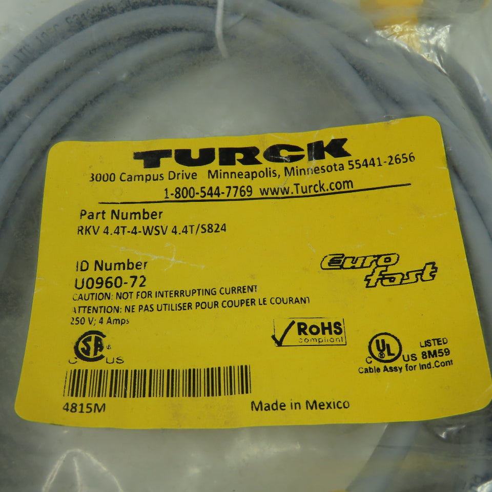 RKV 4.4T-4-WSV 4.4T/S824 Cordset Cable Straight Female to Right Angle Male 4pin