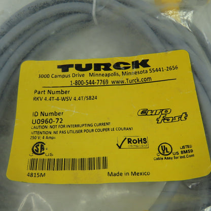 RKV 4.4T-4-WSV 4.4T/S824 Cordset Cable Straight Female to Right Angle Male 4pin