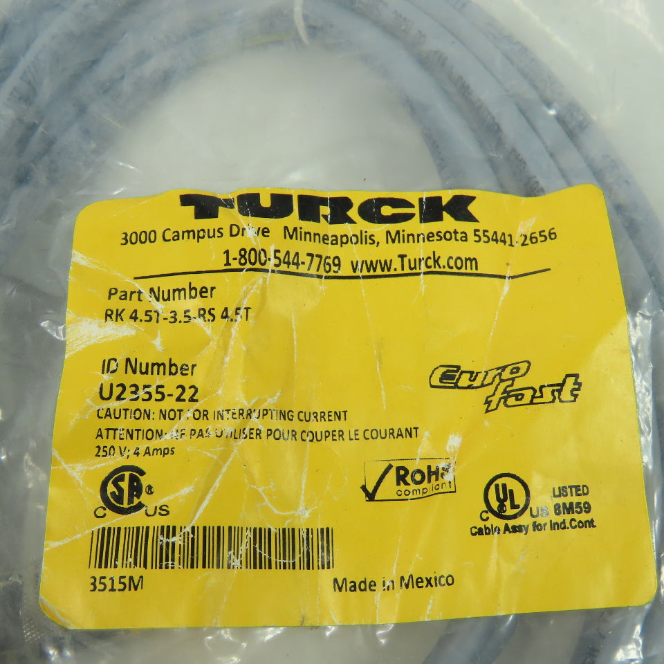 RK 4.5T-3.5-RS 4.5T U2355-22 Cordset Cable Straight Male to Straight Female 5W