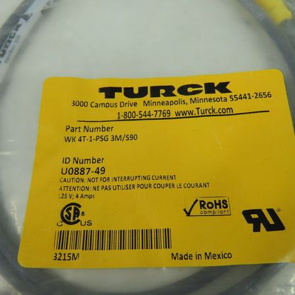 WK 4T-1-PSG 3M/S90 U0887-49 Cordset Cable Straight Male To Right Angle Female