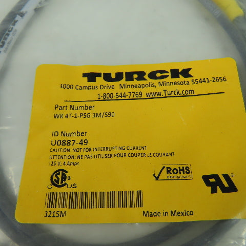 WK 4T-1-PSG 3M/S90 U0887-49 Cordset Cable Straight Male To Right Angle Female