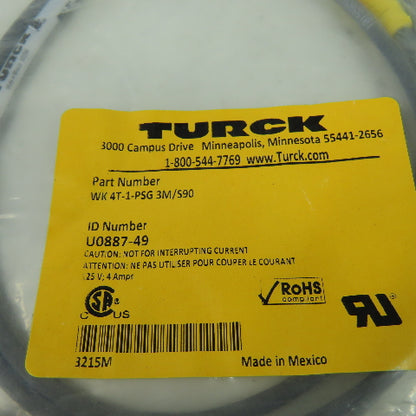 WK 4T-1-PSG 3M/S90 U0887-49 Cordset Cable Straight Male To Right Angle Female