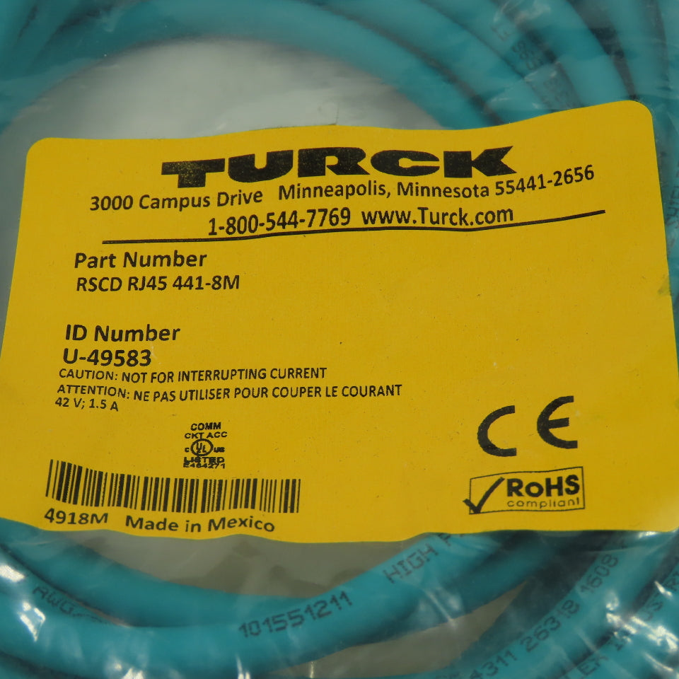 RSCD RJ45 441-8M U-49583 Ethernet Cordset Cable Straight Male To RJ45 Conn.