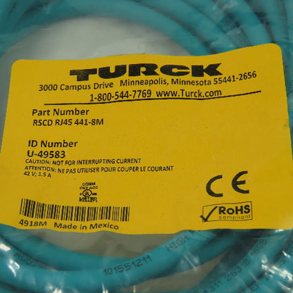 RSCD RJ45 441-8M U-49583 Ethernet Cordset Cable Straight Male To RJ45 Conn.