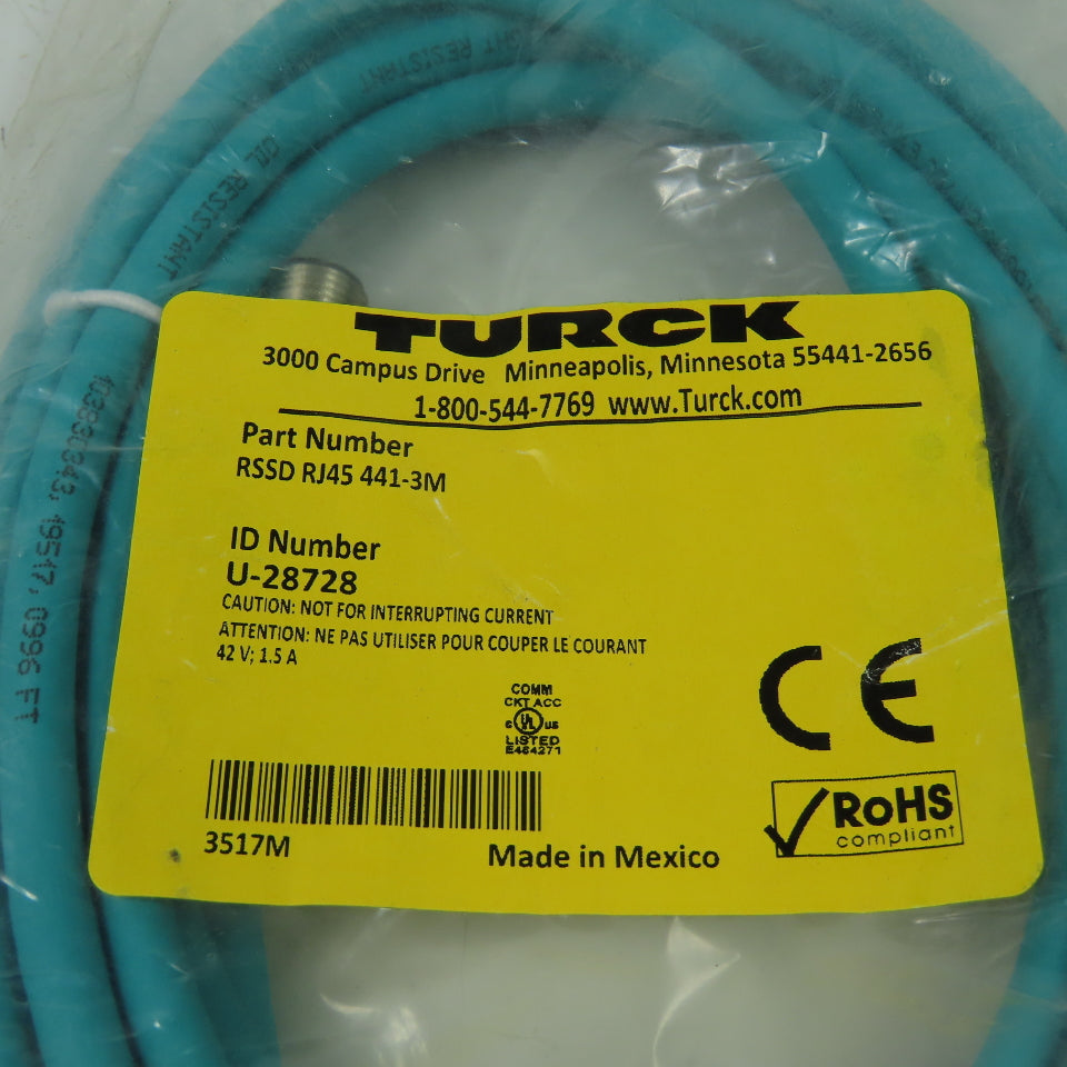 RSSD RJ45 441-3M U-28728 Ethernet Cordset Cable Straight Male To RJ45 Conn.