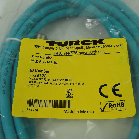 RSSD RJ45 441-3M U-28728 Ethernet Cordset Cable Straight Male To RJ45 Conn.