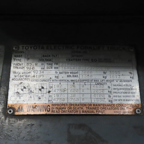2015 Toyota 8FBCU30 5000 LB 48V Electric Forklift 3 Stage 189" Lift Side Shift