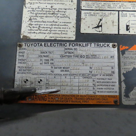 2013 Toyota 8FBCU30 5000LB 48V Electric Forklift 187" Lift 3-Stage Side Shift