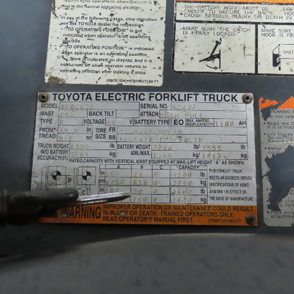 2013 Toyota 8FBCU30 5000LB 48V Electric Forklift 187" Lift 3-Stage Side Shift